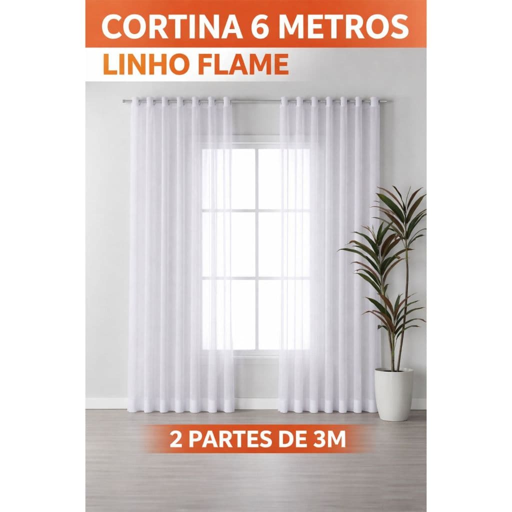 Cortina De Linho Flame 6 Metros 2 Partes Com Ilhós Para Varão Sala Quarta Voil Decorativo Altura de  2,30 A 2,80
