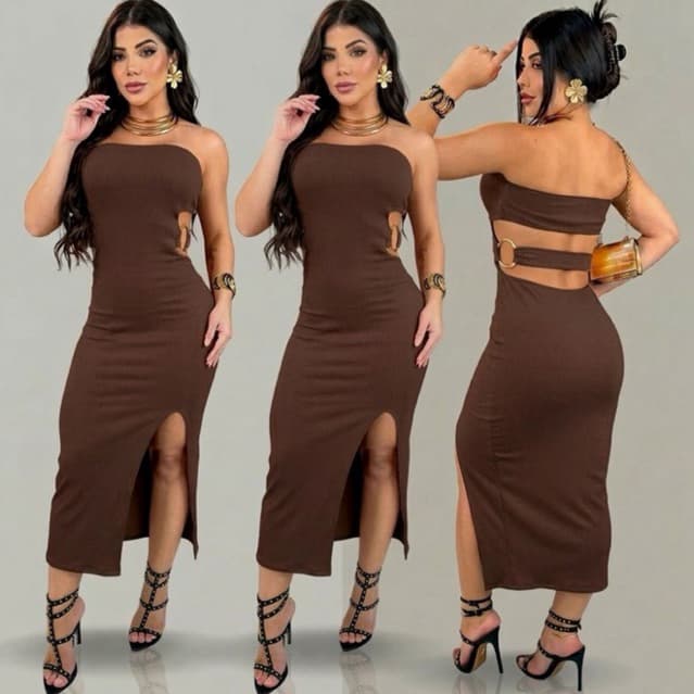 Vestido Midi Feminino Tomara Que Caia Recorte Argola Fenda Balada
