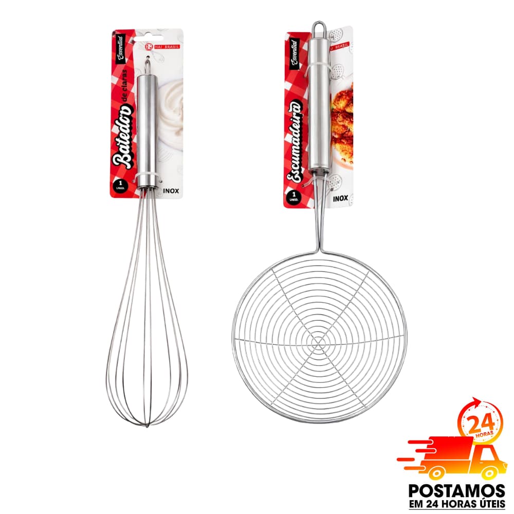 kit Escumadeira + Batedor de Claras Inox Utensílios Cozinha Resistente Profissional