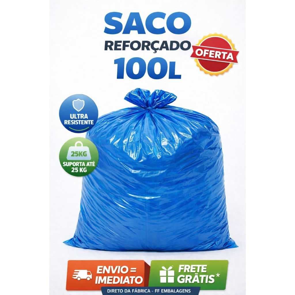 Saco de Lixo 100 Litros Azul Reforçado 20 Unidades Resistente Uso Doméstico e Profissional