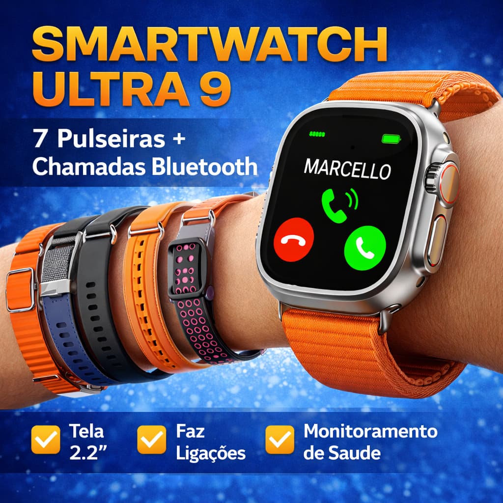 Smartwatch Ultra 9 40mm 7 Pulseiras Relógio Inteligente Faz Ligações