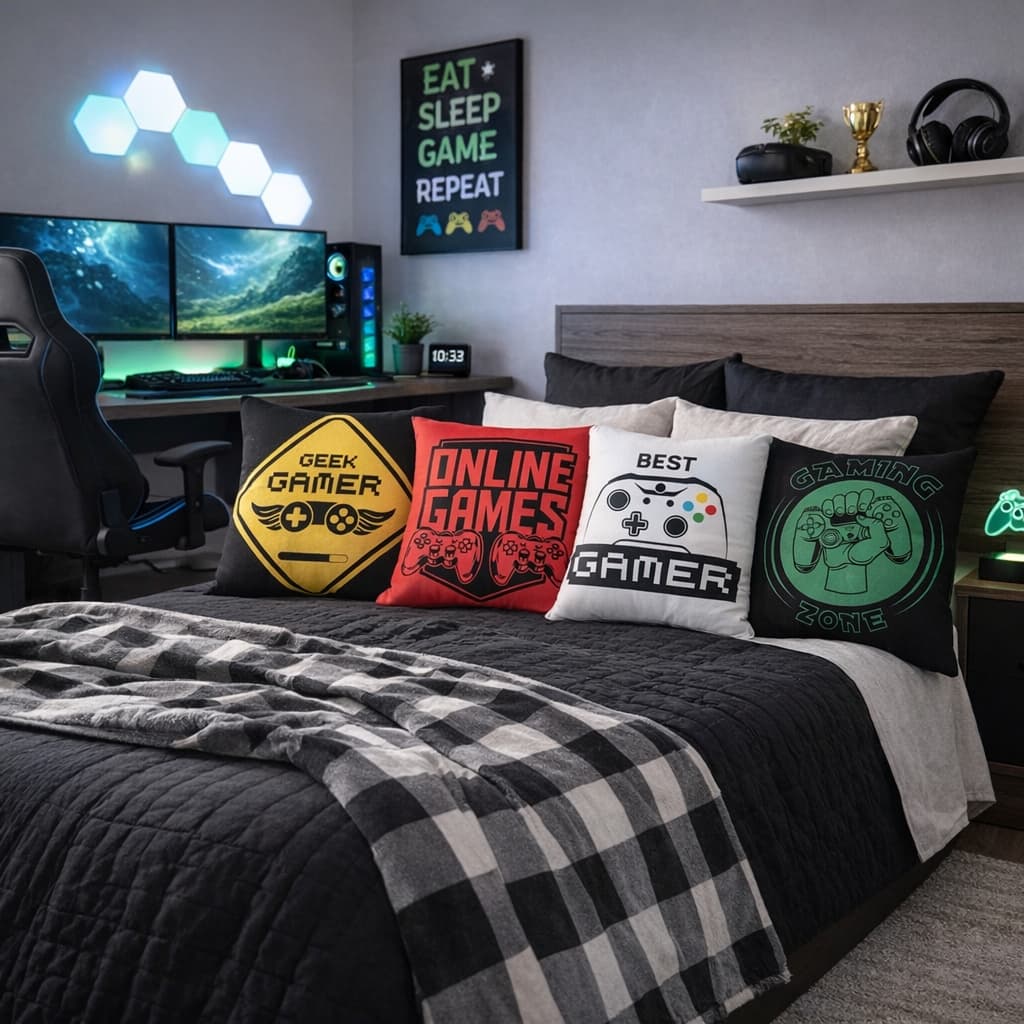 Kit com 04 Capas de Almofadas Decorativas - 45 x 45 - Games Quarto Gamer Jogos (Preto/Branco/Vermelho)