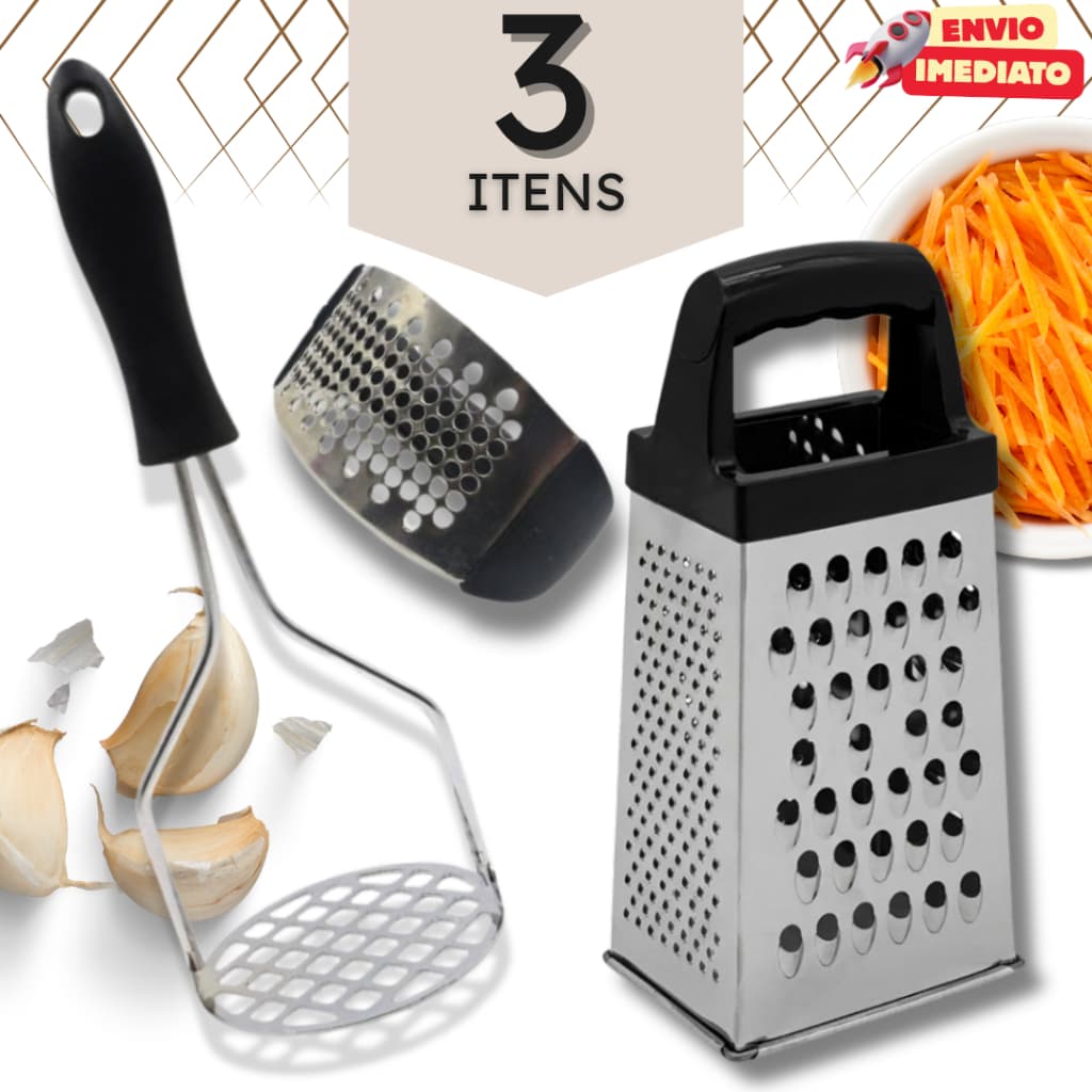 Kit Ralador + Amassador de Batatas/Legumes + Amassador Alho - 2 ou 3 ITENS