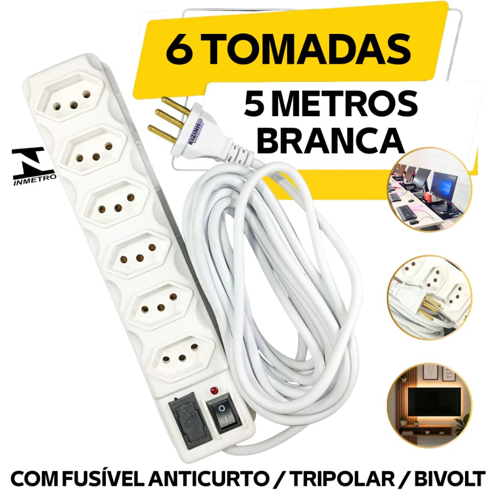 Filtro de Linha Régua 6 Tomadas Branca 5 Metros Bivolt 127/220 com fusível Anticurto