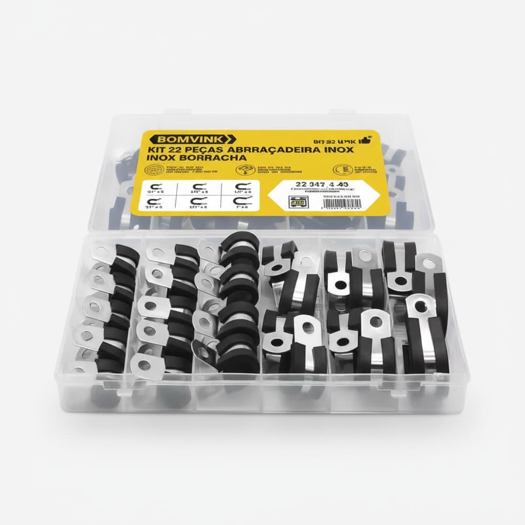 Kit Abraçadeiras Inox com Borracha 22 Peças para Cabos e Mangueiras com Estojo Organizador Bomvink