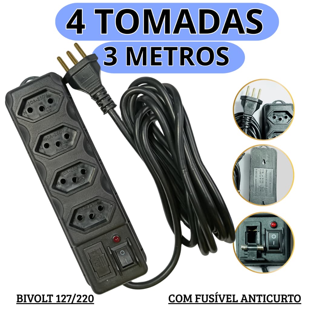 Filtro de Linha Preta 4 Tomadas 3 Metros + Régua Elétrica,  Bivolt e Com Fusível de Proteção