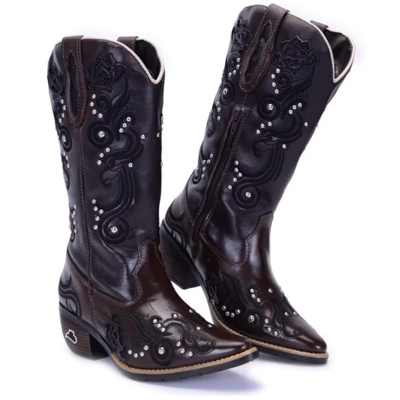 Bota texana feminina para rodeio, country e estilosa café bordada bonita, confortável, prática, com ziper lateral