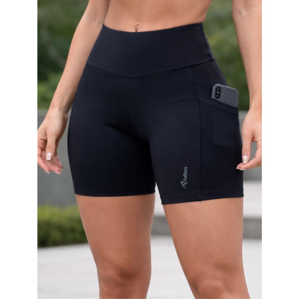 Bermuda Short De CORRIDA Feminina Alta COMPRESSÃO Com Bolsos Zero Transparência Preta Authen