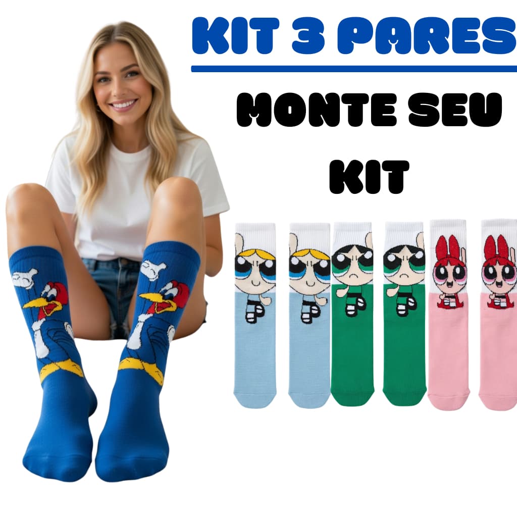 Kit 3 Pares Meia Temática Desenhos Personagens Divertida Maluca Algodão Unissex Academia Cano Longo
