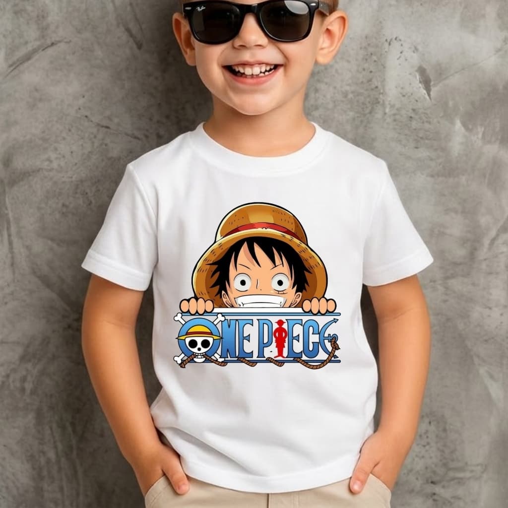 Camiseta Infantil Menino Luffy do Anime One Piece Piratas Desenho de Manga Blusa Malha Premium