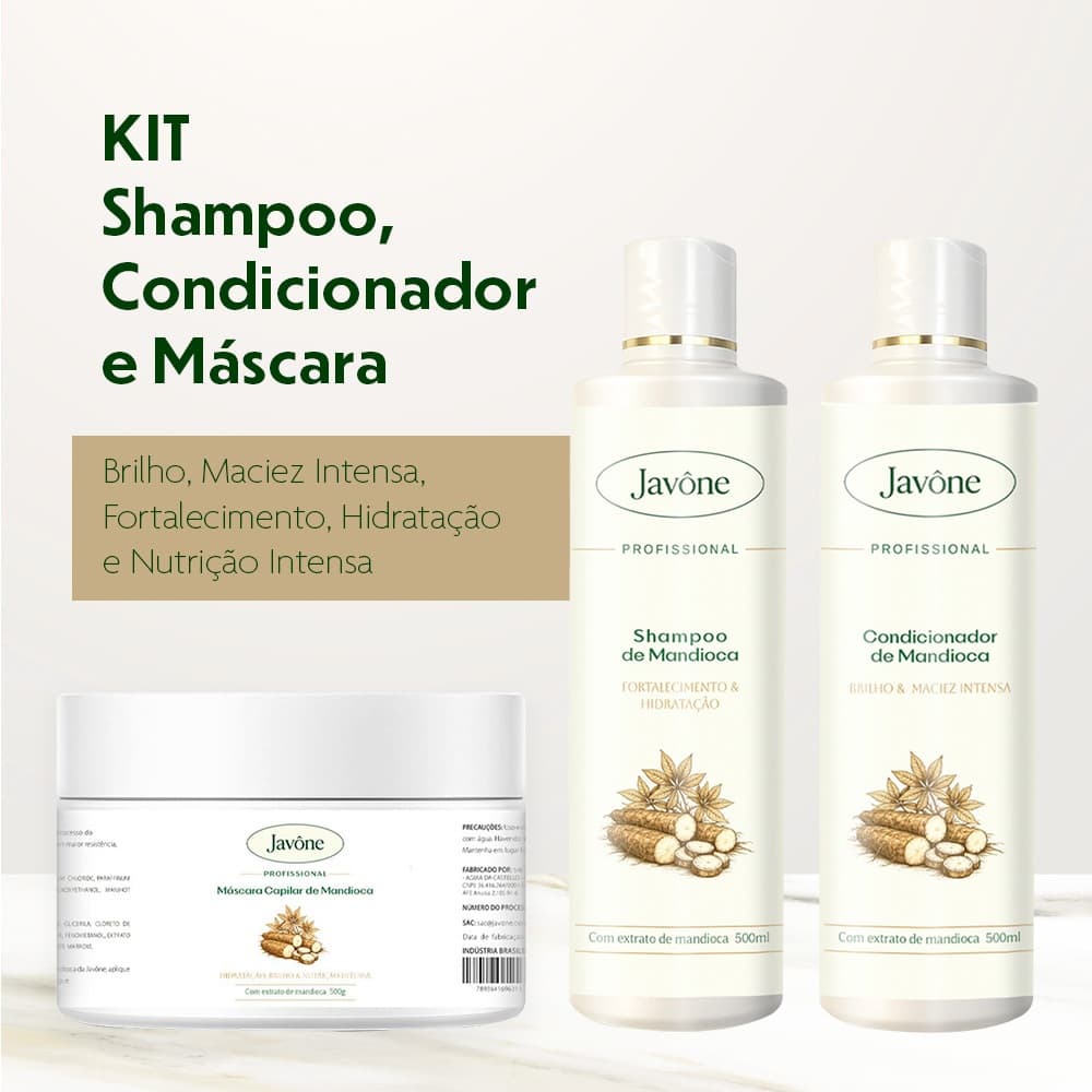 Kit Shampoo Condicionador Máscara Mandioca Javóne Profissional Hidratação Brilho Intenso