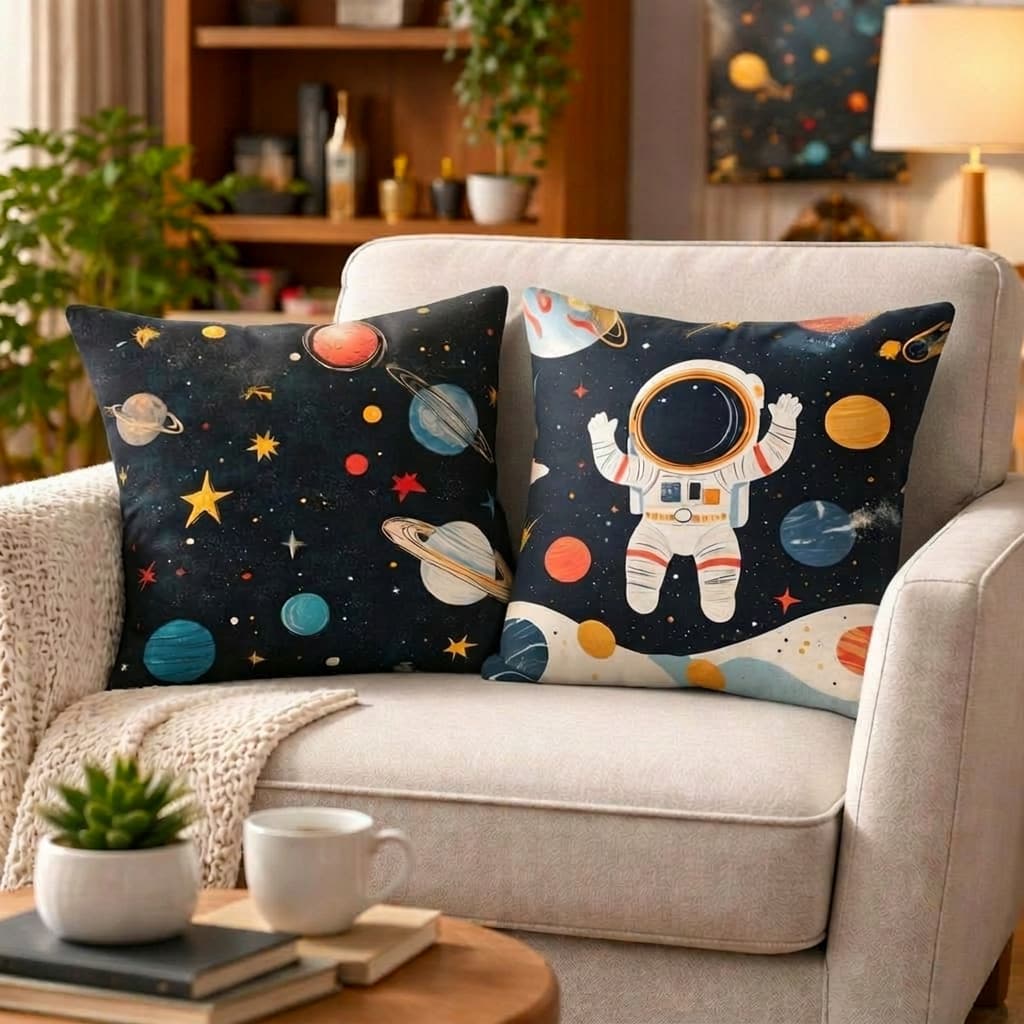 KIT 2 CAPAS DE ALMOFADA INFANTIL 45X45CM ESPAÇO ASTRONAUTA E PLANETAS - DECORAÇÃO DIVERTIDA