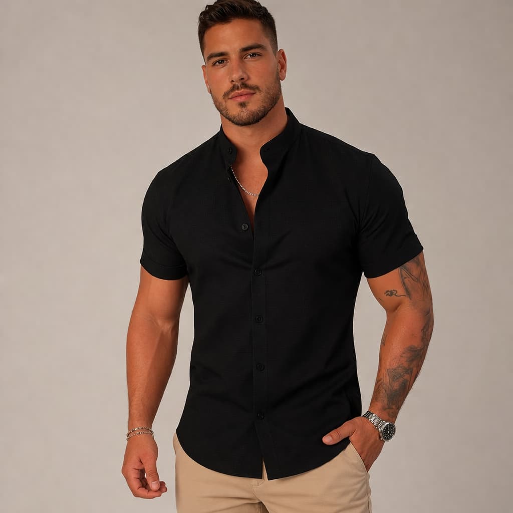 Camisa Social Masculina Gola Padre Manga Curta Slim Fit
