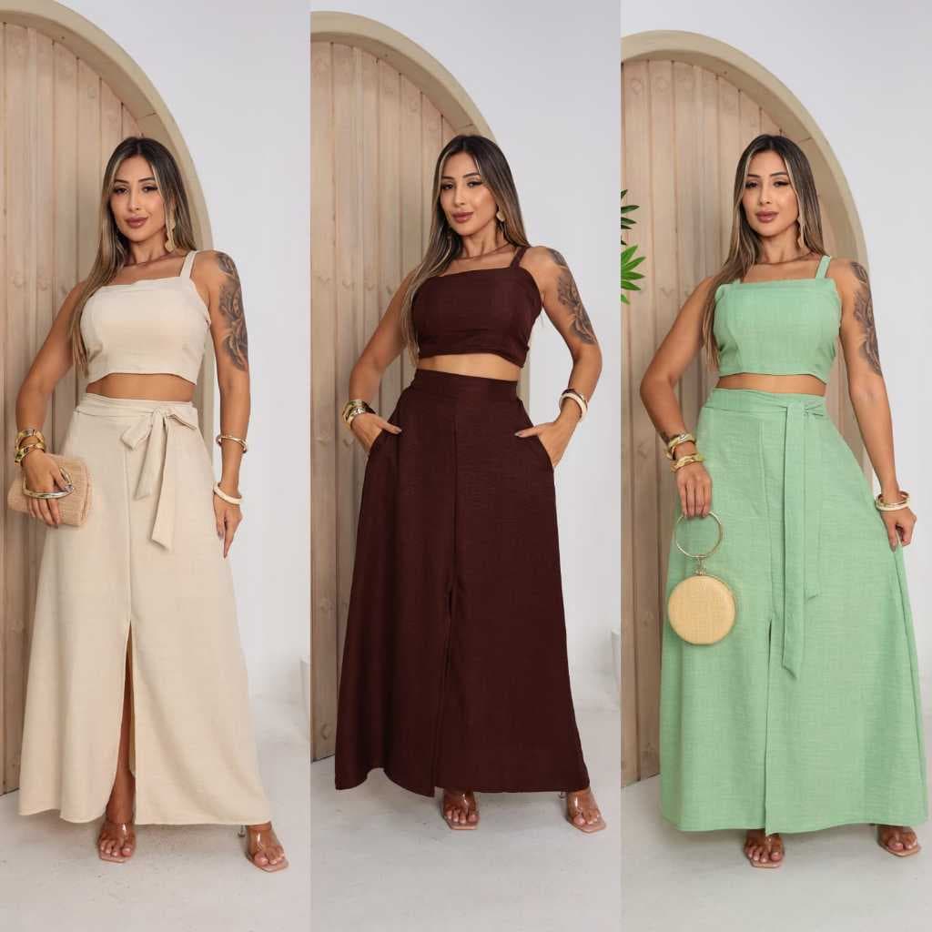 Conjunto Feminino Duna Linho Croped Com Amarração, Bojo Saia Longa Com Fenda, Bolsos Funcionais, Forrada