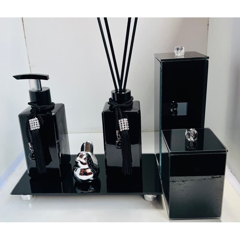 Kit Lavabo Porta Escova Porta Algodão De Vidro Com Porta Saboneteira e Difusor De Varetas com Bandeja