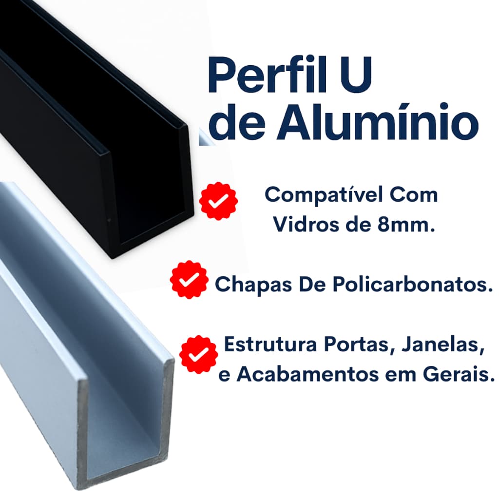 Perfil U De Alumínio Para Vidro de 8mm Madeira Reforçado Divisórias 1metro