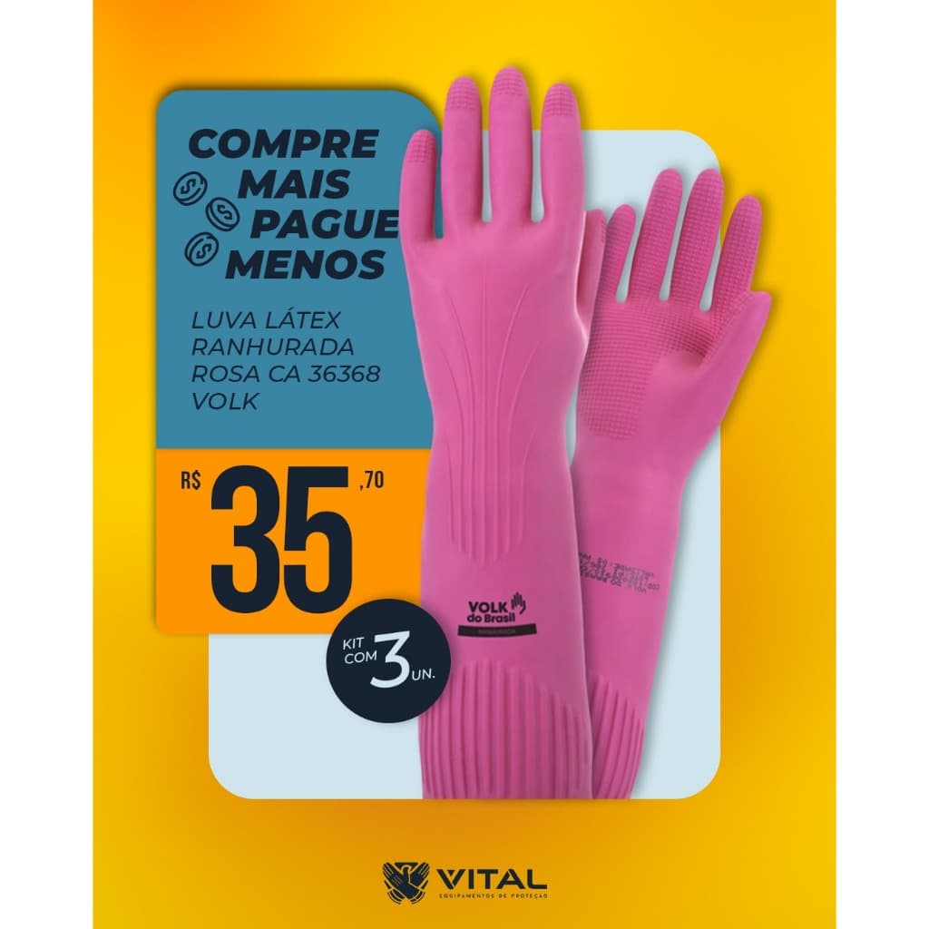 KIT COM 3 LUVAS ROSA RANHURADA VOLK