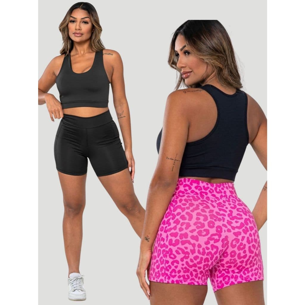Kit 2 Shorts Virginia Feminino com Bolso Cintura Alta Fitness para Academia Confortável Não Transparente