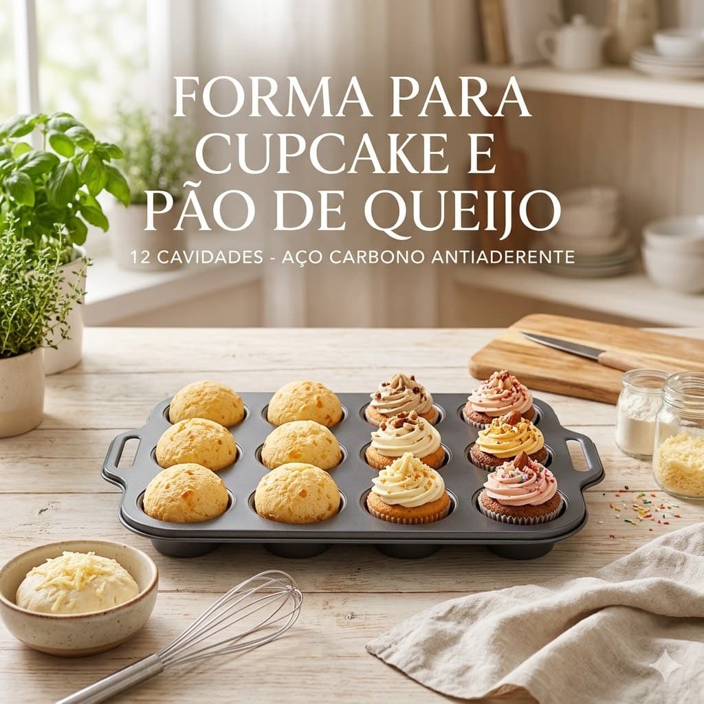 Assadeira Forma Cupcake Pao Queijo 12 Cavidades Aco Carbono Antiaderente Resistente