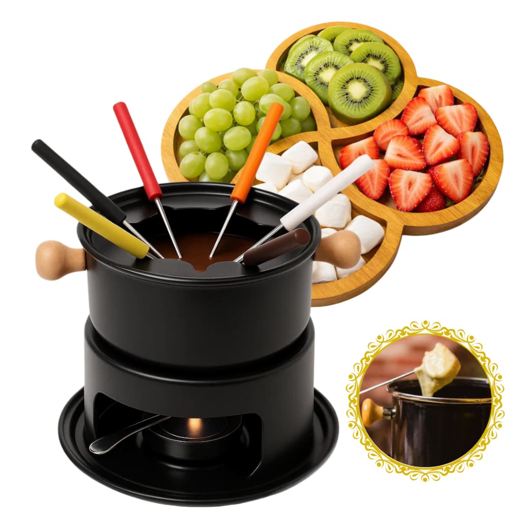 Kit Fondue Com 6 Garfos 11 Peças Queijo Chocolate + Petisqueira MDF