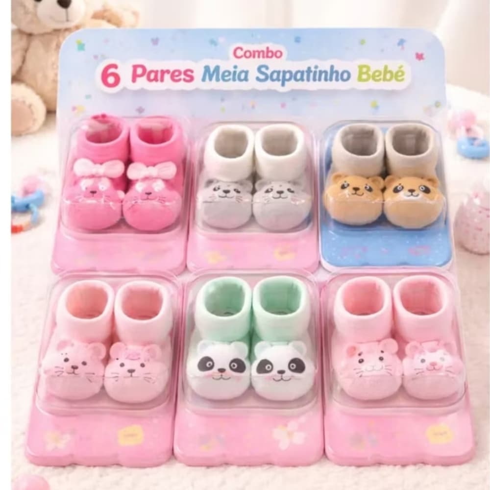 Combo 6 Pares Meia Sapatinho Bebe Recem Nascido Luxo Atacado