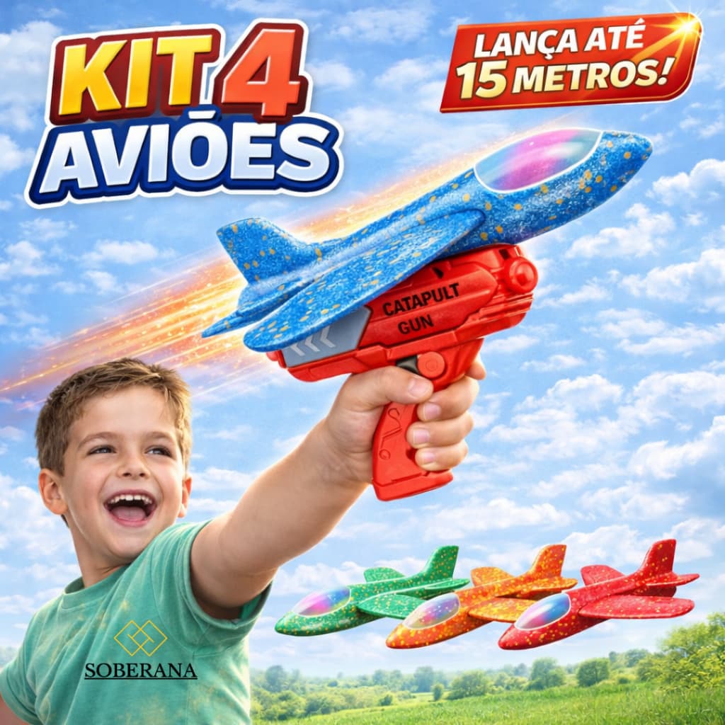 Kit 2 / 4 Avião Lançador Com Luz Colorido Catapulta Planador Brinquedo Infantil