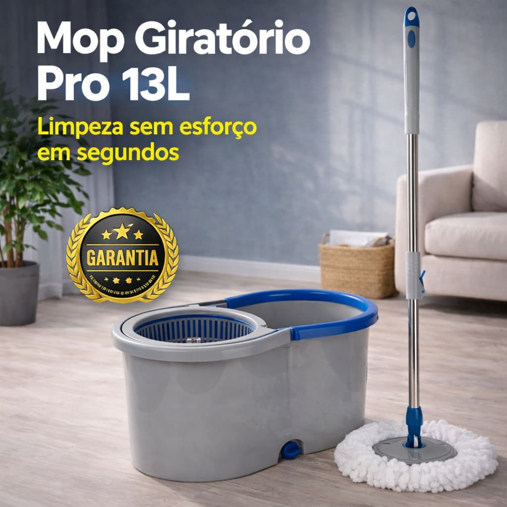 Mop Giratório 13L com Balde e Centrífuga Inox Limpeza Prática 360° Microfibra