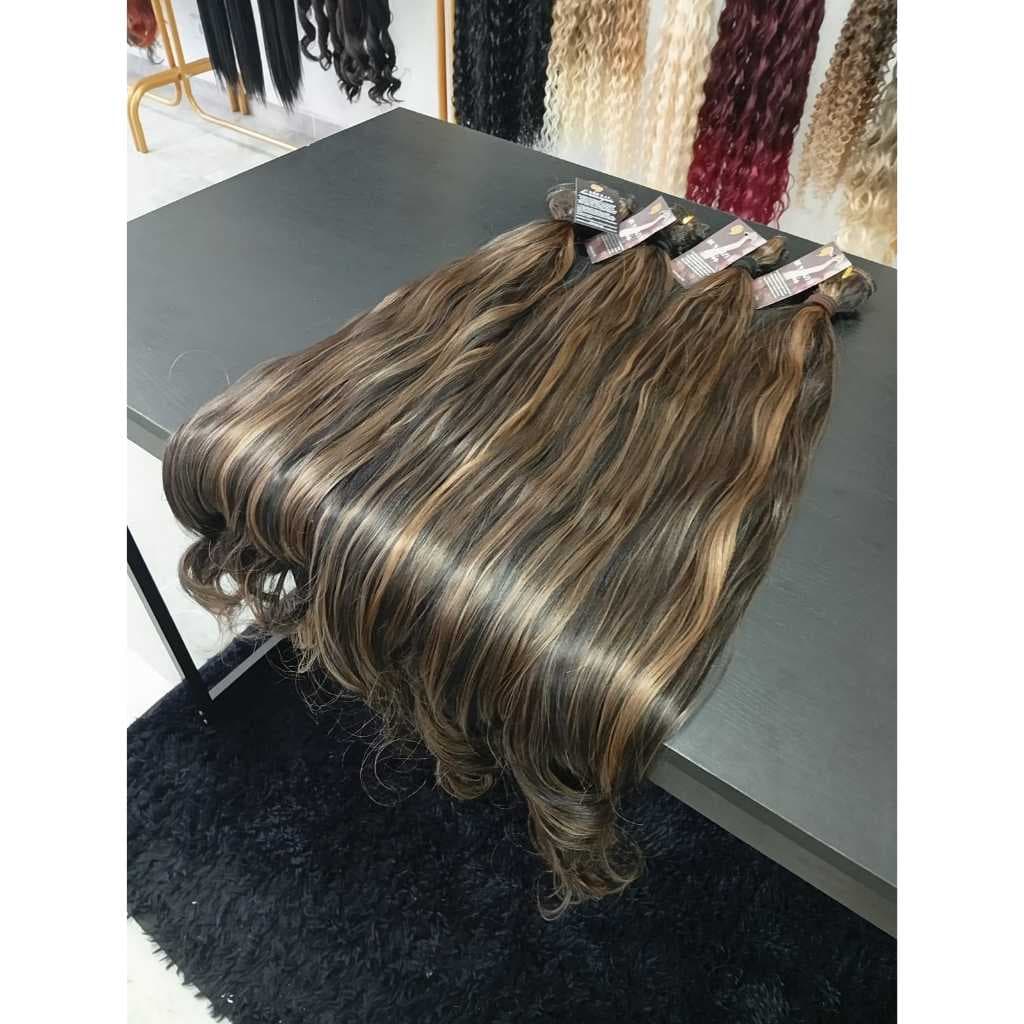 Cabelo na Tela Fibra Russa 50cm Ondulado Morena Iluminada Semi Humano