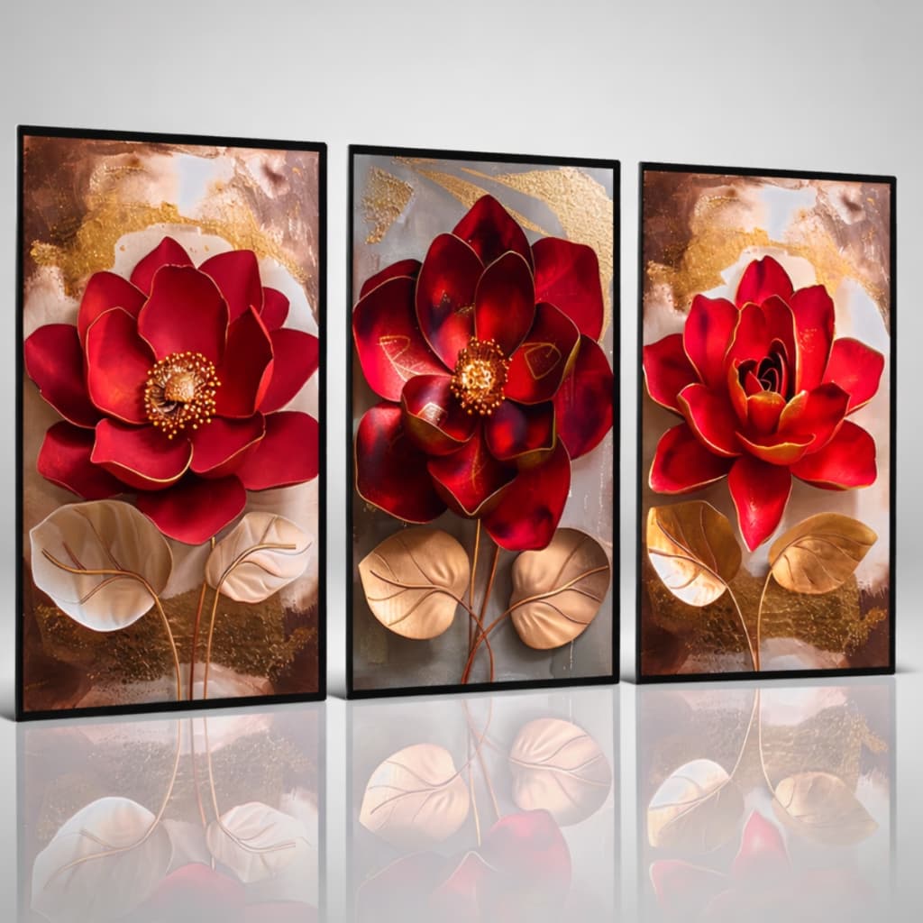 Quadros Grande Rosa Vermelha Jardim Gold 3 Peça Sala 122x60 Sala Quarto