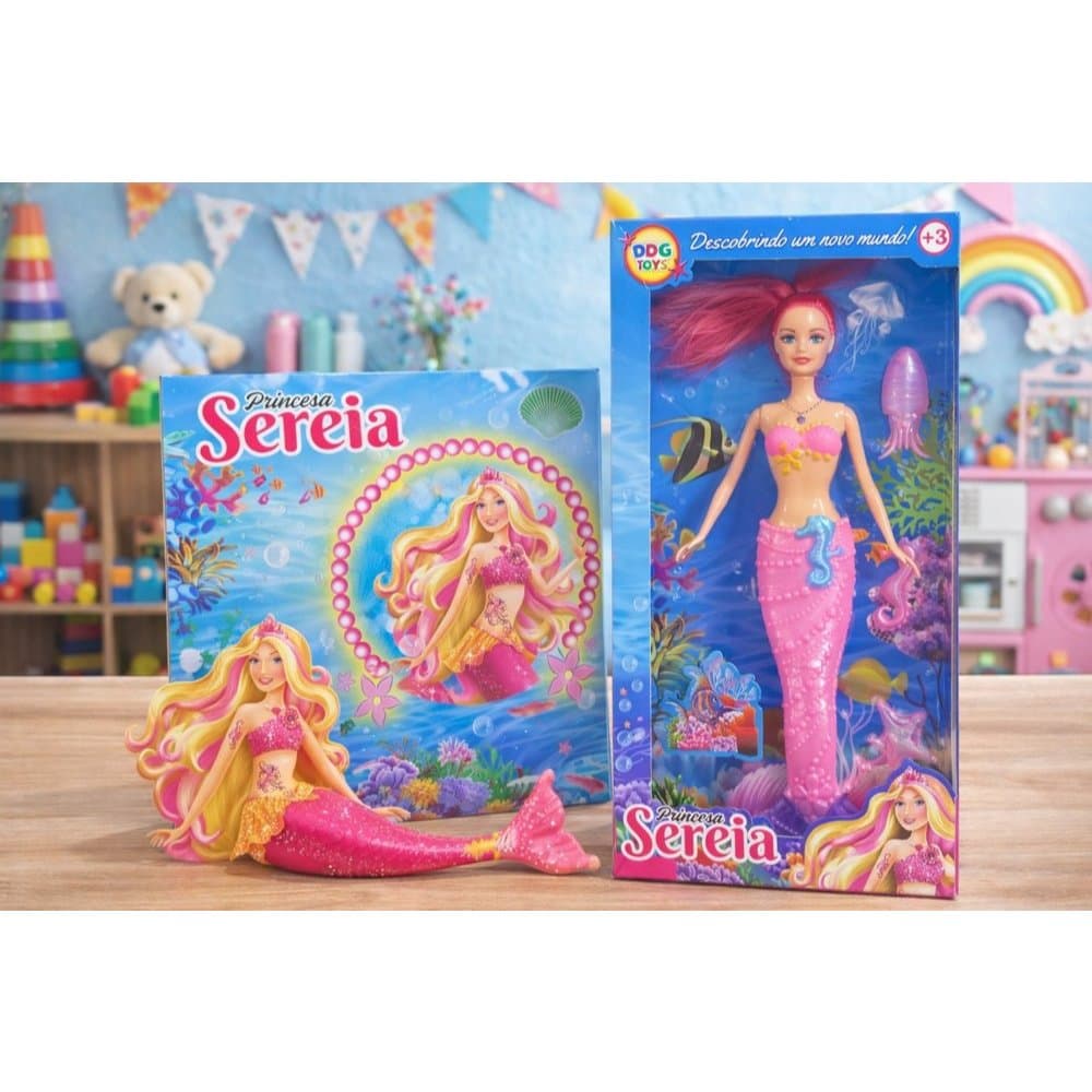 Boneca Princesa Sereia Infantil com Efeitos de Luz e Som + Acessórios Estimula Criatividade e Imaginação