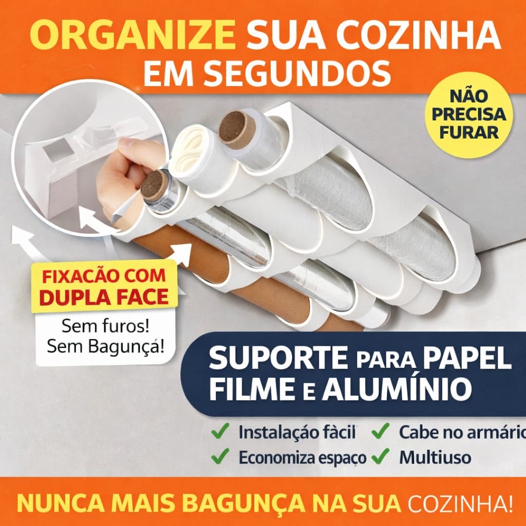 Suporte Papel Alumínio e Plástico Filme | Organizador de Armário Cozinha | Porta Rolo Multiuso