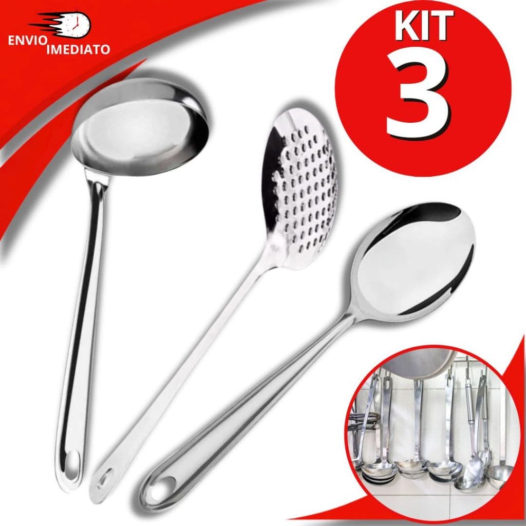 JOGO 3 Colher de Servir Concha Escumadeira Fritura Caldos Feijão Arroz Resistente Aço Inox Escoa Coa Serve Pega