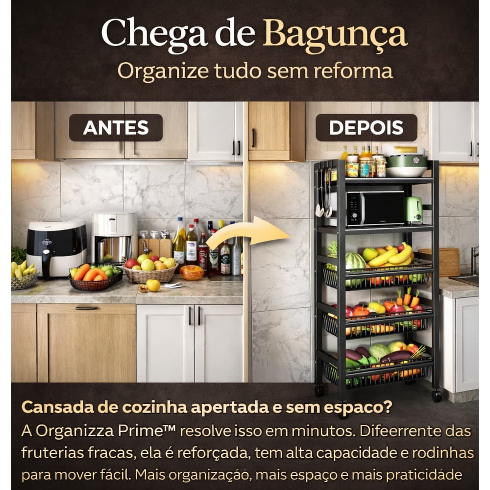 Fruteira Multiuso com Rodinhas 4 Andares Organizador de Cozinha Suporte Microondas Metal Reforçado Preto