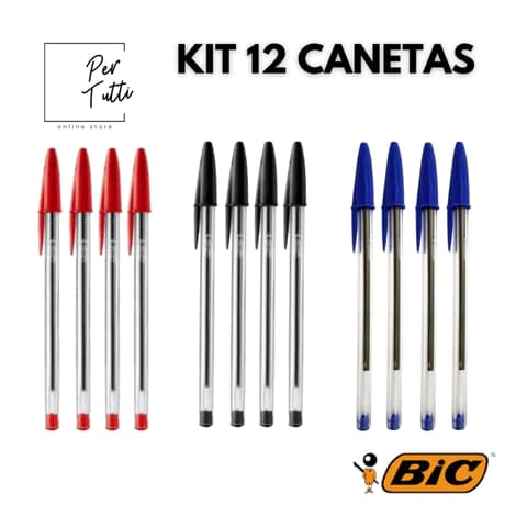 Kit 12 Canetas BIC Azul Preta e Vermelha Caneta Esferográfica Ponta Média