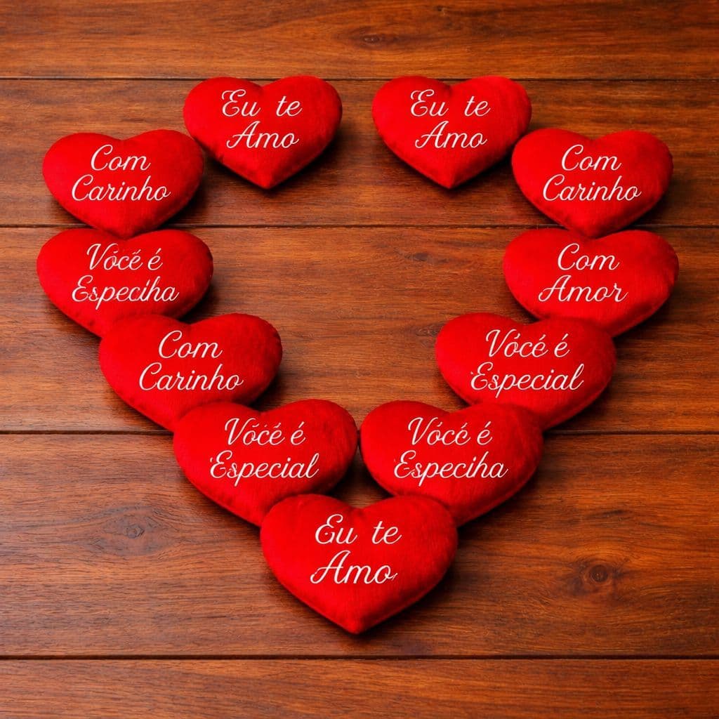 Combo 12 corações de pelúcia 10 cm - frases sortidas ou Eu te amo
