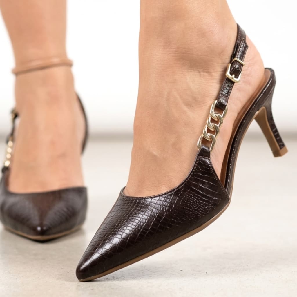 Scarpin Vizzano Slingback Salto Fino Bico Fino Corrente Dourada Feminino Várias Cores