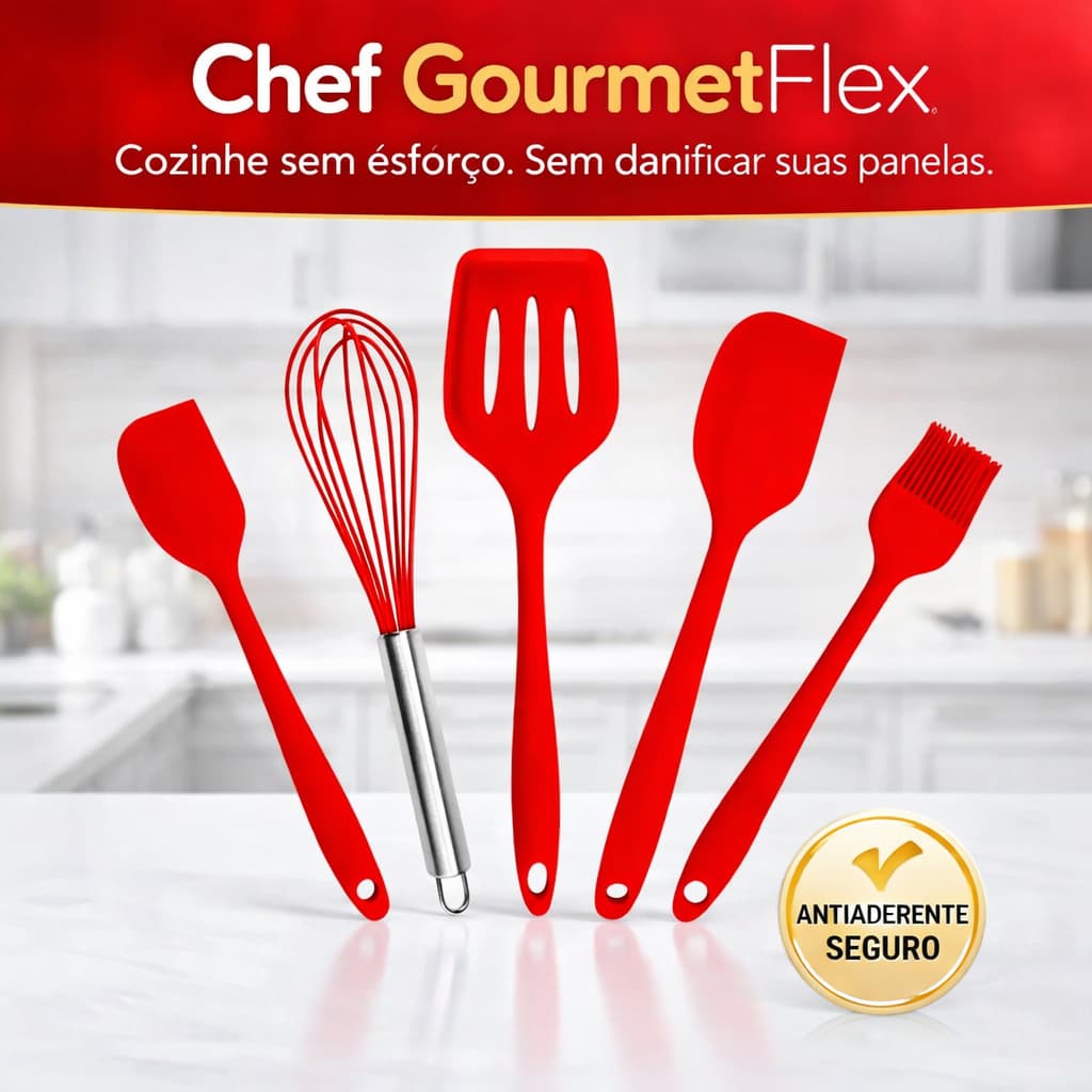 Kit Utensílios Silicone Cozinha 5 Peças Antiaderente Resistente Chef GourmetFlex