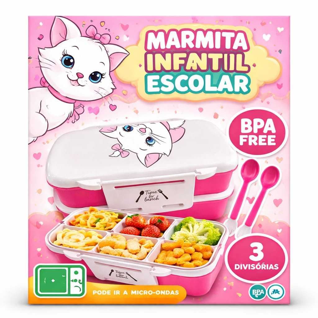 Lancheira Escolar Marmita 2 Potes  Gatinha Marie Infantil Menina C/Talher