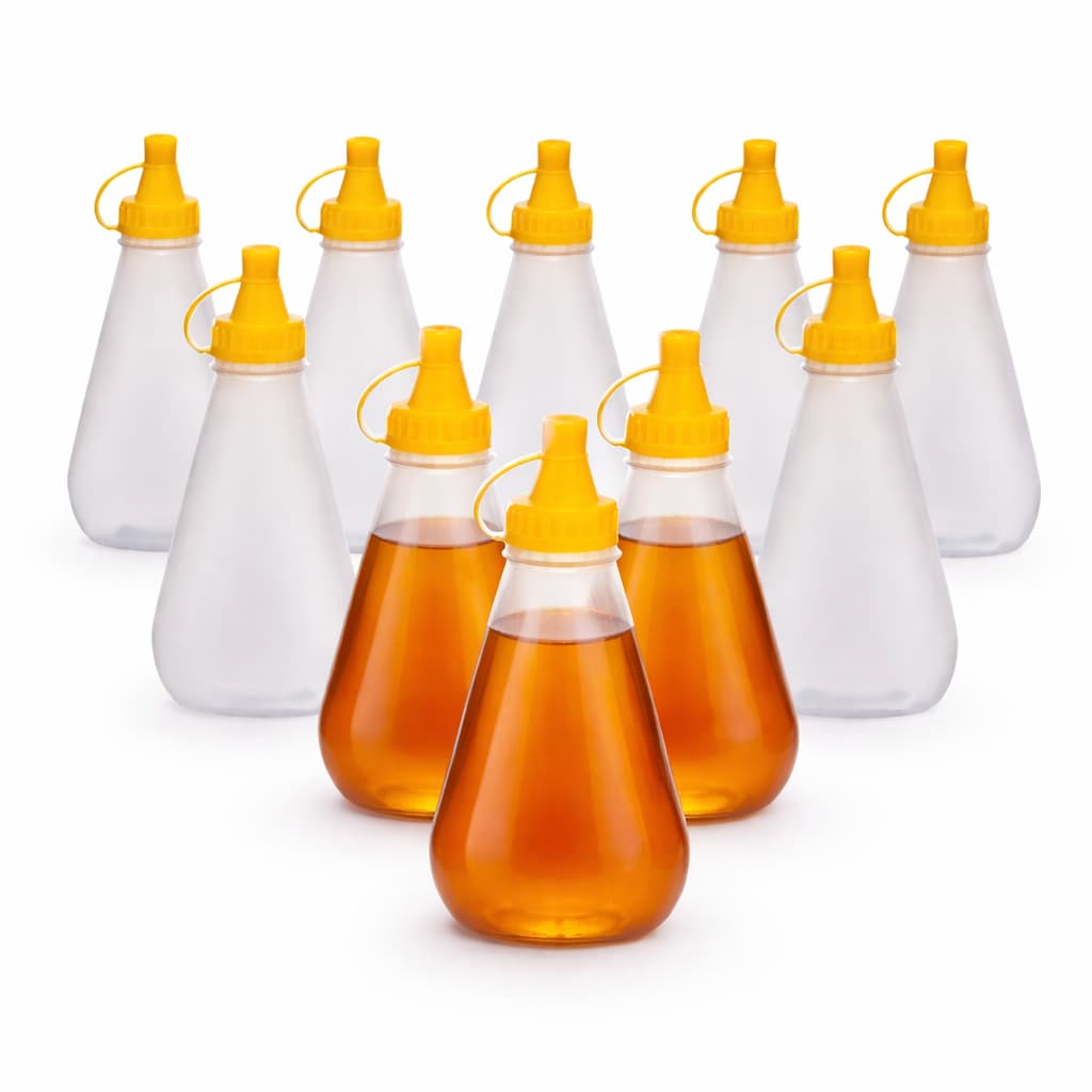 Kit Frasco Bisnaga Triangular Mel 350ml (500g) Embalagem Com Tampa Lacre Amarela