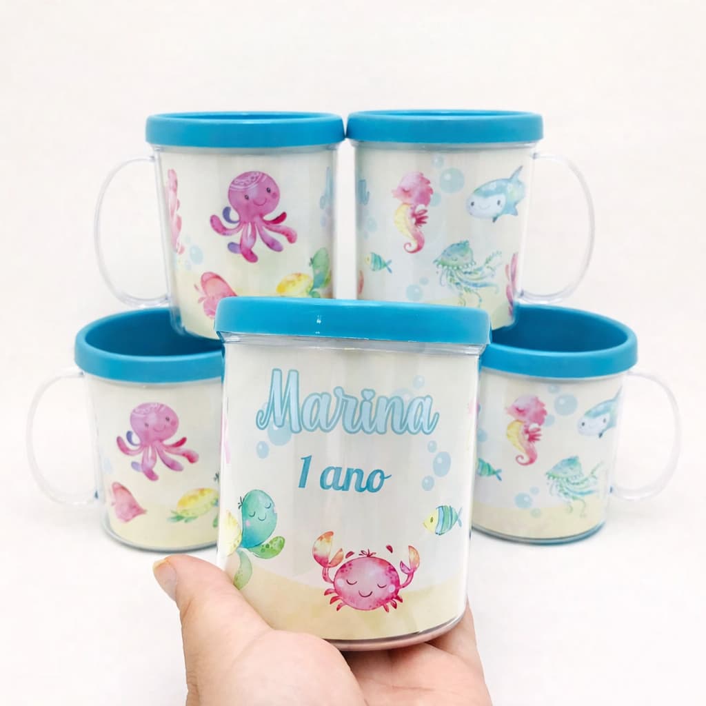 Lembrancinha Fundo do Mar Menina Personalizada | Caneca 350ml com Nome e Idade | Festa Infantil