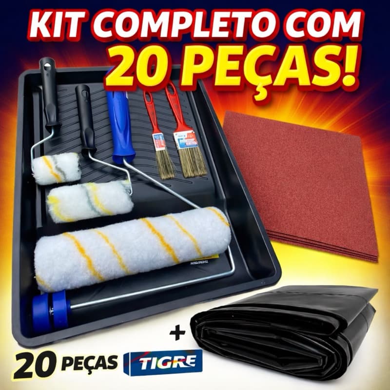Kit Pintura Parede Bandeja Rolo Lã Lixa E Pincel Lona 20 Peças