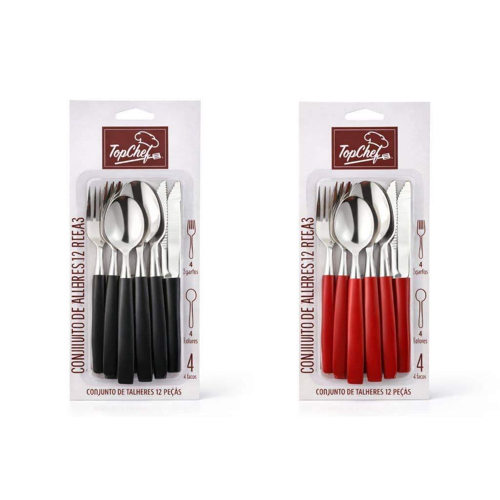 Kit Talheres 12 Peças 🍴 Inox 4 Garfos 4 Facas 4 Colheres Cabo Resistente TopChef