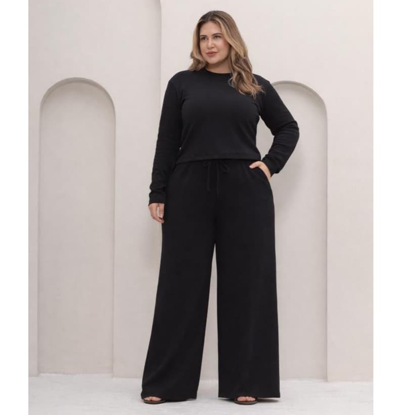Conjunto Feminino Plus Size Calça Pantalona Wide Blusa Manga Longa Elegante Frio Inverno G1 ao G4