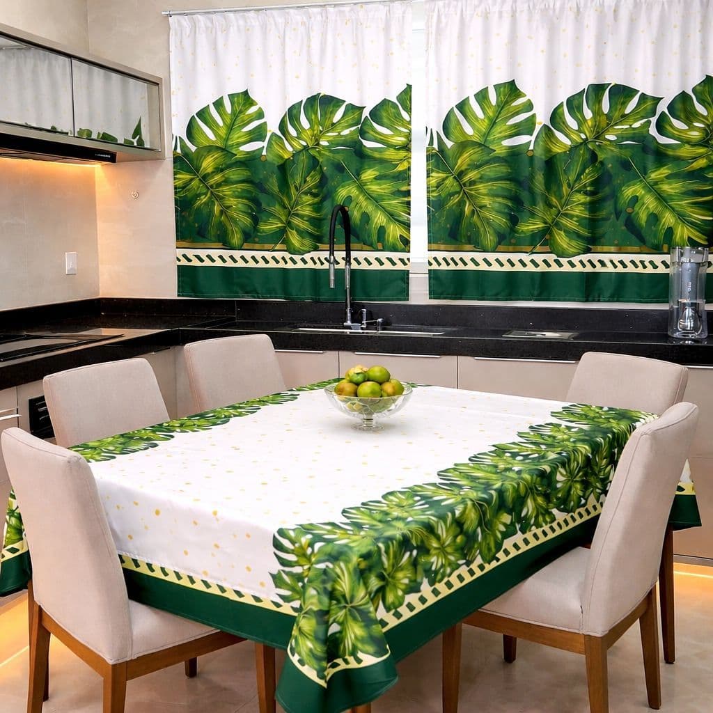 Kit Cortina + Toalha de Mesa 4 e 6 Lugares Oxford Estampada Kit cozinha