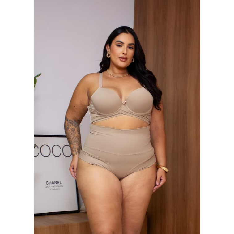 Calcinha conforto cós super alto semi fio duplo Bege