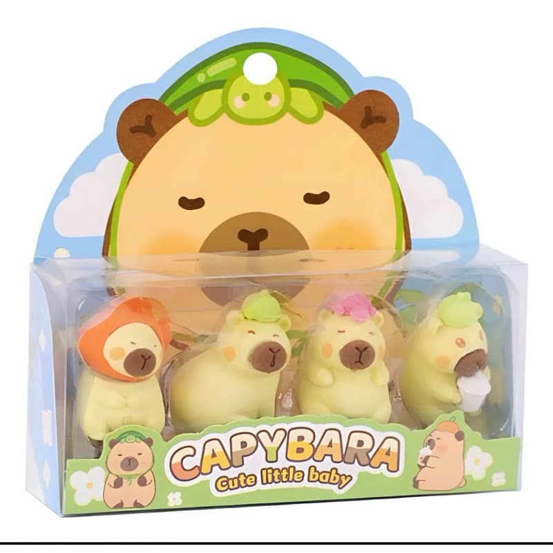Kit Mini Borrachas de Capivara Kawaii Kit com 4 Figuras Cute Capybara Decorativo Colecionável Presente Fof