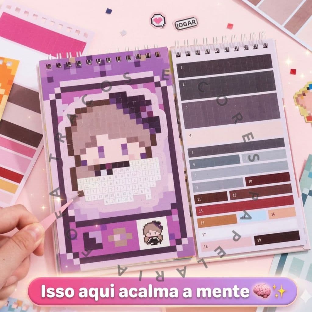Caderno Adesivo Cenário Pixel Art com Pinça Kit DIY Antiestresse Kawaii Presente Papelaria