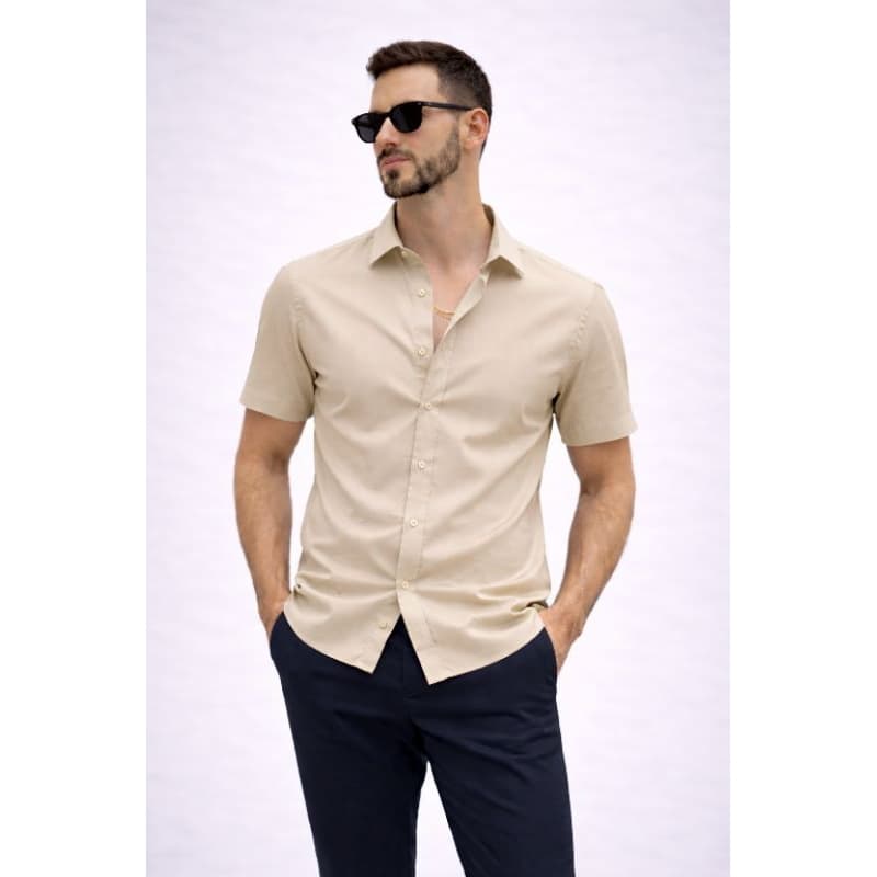Camisa Slim Masculina  Manga Curta de algodão Gola italiana social Premium | Leve, Elegante e Moderna