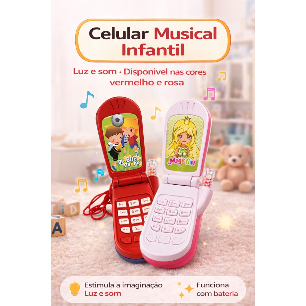 Celular Musical Brinquedo Infantil com Luz a Bateria Infantil