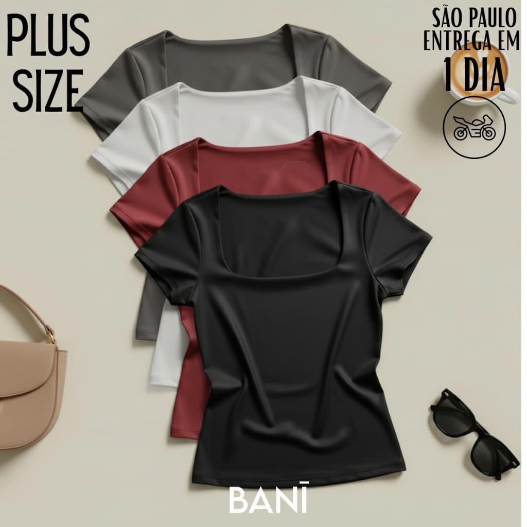 Blusa Decote Quadrado Plus Size 44 ao 52 Suplex Manga Curta T-shirt Feminina Babylook Básico Casual